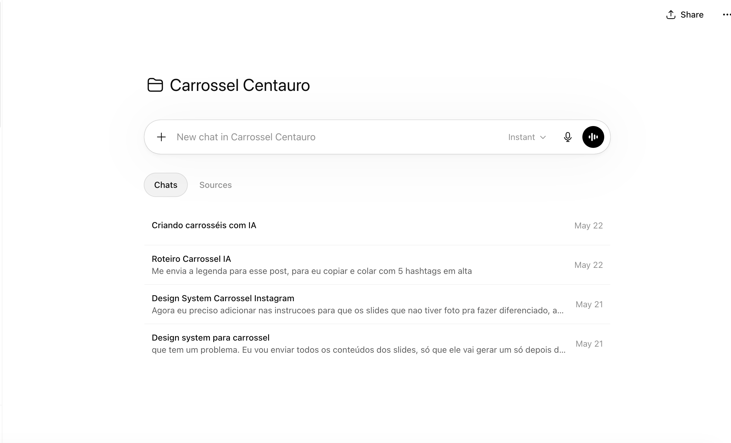Como criar projeto no ChatGPT para carrossel Instagram - tela do projeto Carrossel Centauro com chats organizados